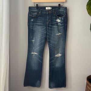 Abercrombie & Fitch Low Rise Flare Y2K Distressed Dark Jeans